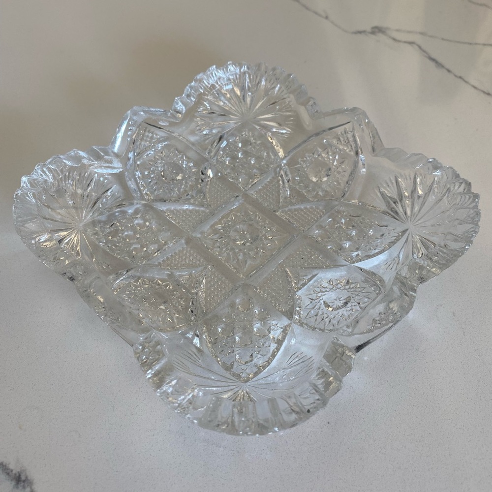 Antique Vintage Ornate Small Cut Glass Trinket Jewelry Dish